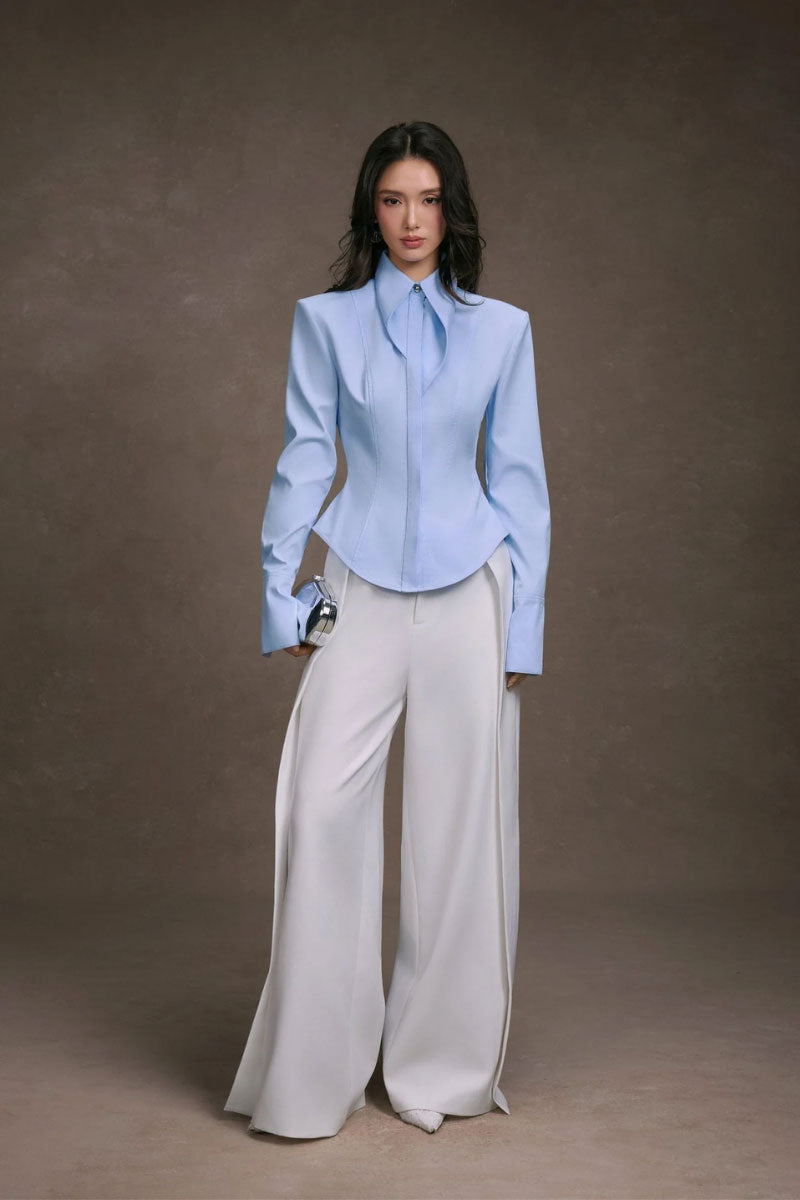Stripe cupped collar shirt by KEIRA TONG featuring a classic design with a structured collar and striped pattern.