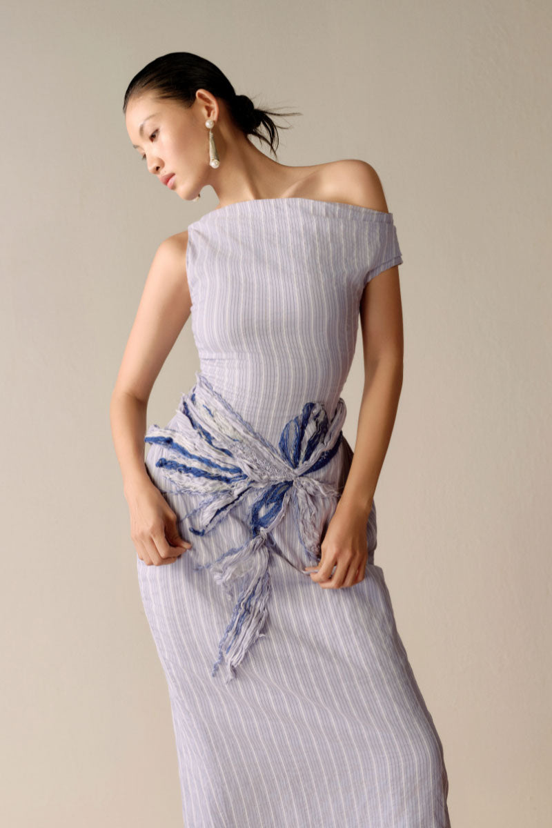 Blue embroidered pinstripe off-shoulder midi dress by Lecia, featuring elegant design and delicate embroidery details.