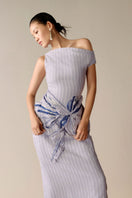 Blue embroidered pinstripe off-shoulder midi dress by Lecia, featuring elegant design and delicate embroidery details.