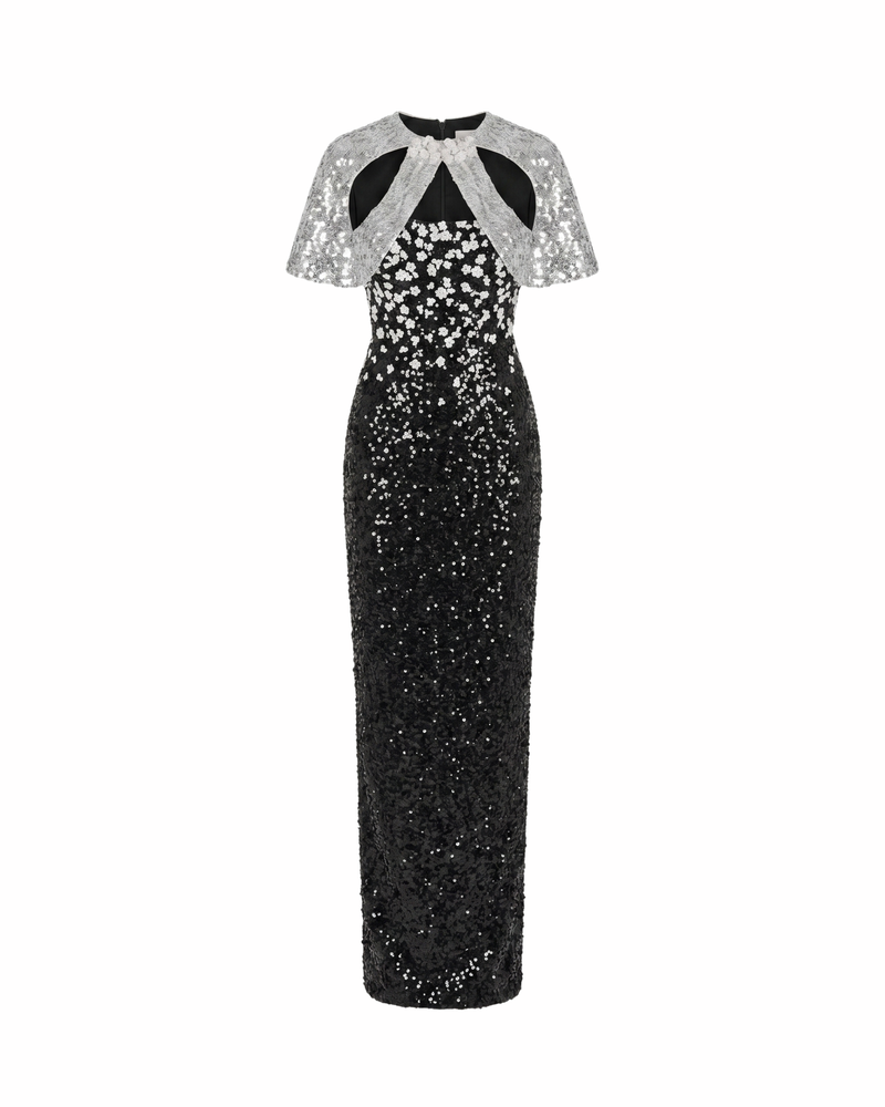 Black Luna floral sequin gown by HACCHIC COUTURE, featuring a flowing maxi dress with floral sequin details and elegant design.