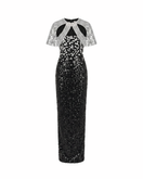 Black Luna floral sequined gown by HACCHIC COUTURE, featuring intricate floral embroidery and shimmering sequins.