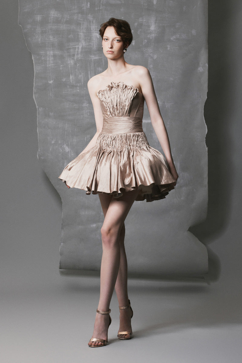 CHAMPAGNE BEIGE SHORT FLARED DRESS | CULT MIA | Phan Huy CHAMPAGNE BEIGE SHORT FLARED DRESS | CULT MIA | Phan Huy