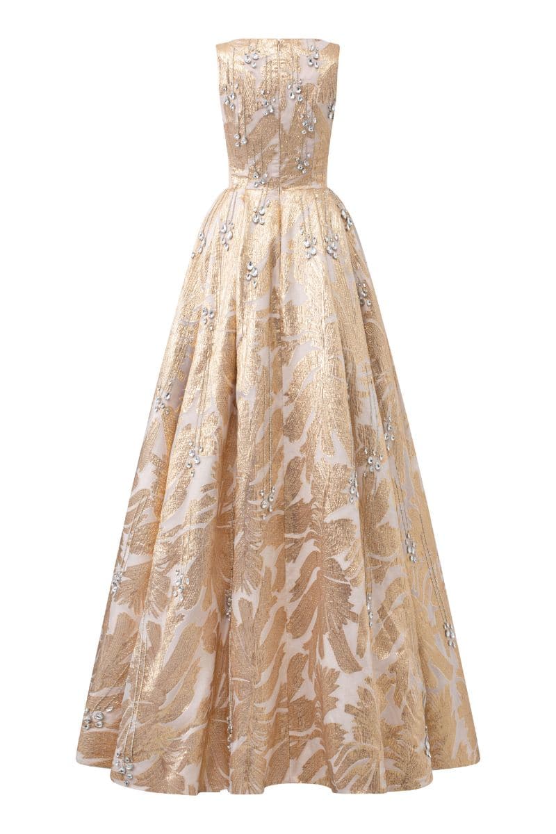 GOLDEN SLEEVELESS DEEP V-NECK GOWN - CULT MIA
