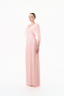 Beaded blush pink V-neck cape gown by HAPPY CLOTHING, featuring intricate beadwork and elegant flowing design.