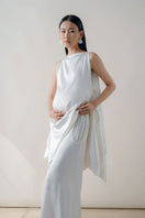 White silk tunic set by Doc Ban, featuring a midi dress with flowing fabric and elegant style.