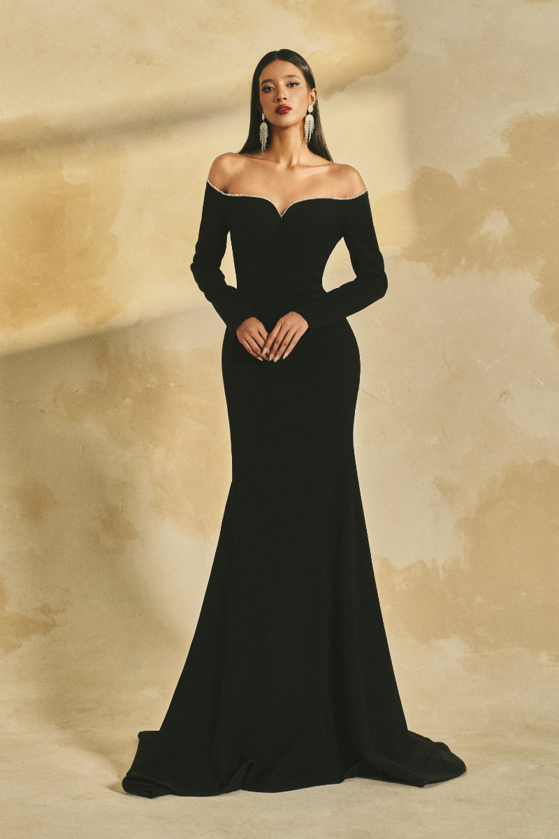 LONG-SLEEVE POLY CREPE OFF-SHOULDER MERMAID GOWN | CULT MIA | L'SCARLETT LONG-SLEEVE POLY CREPE OFF-SHOULDER MERMAID GOWN | CULT MIA | L'SCARLETT