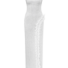 White maxi dress with rhinestones and lace ruffle detail by Sudi Etuz, featuring a flowing silhouette and elegant design.