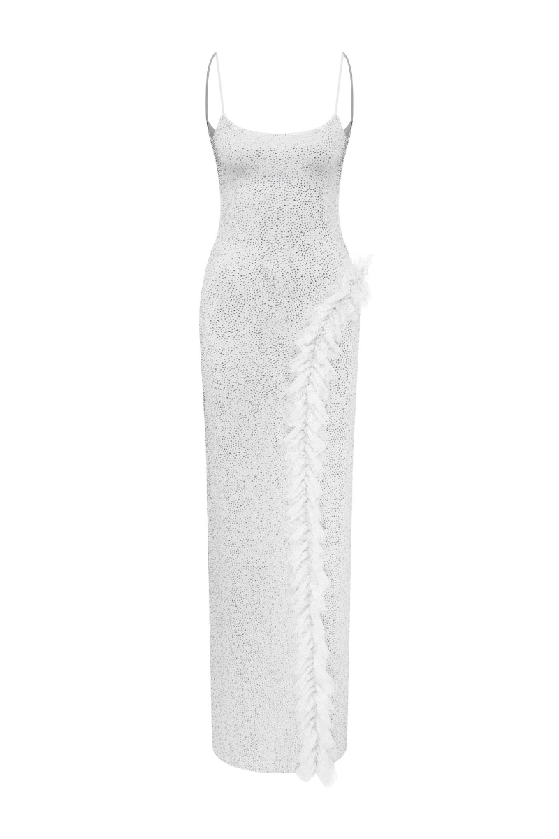 FULLY RHINESTONED MAXI DRESS WITH LACE RUFFLE DETAIL IN WHITE - CULT MIA