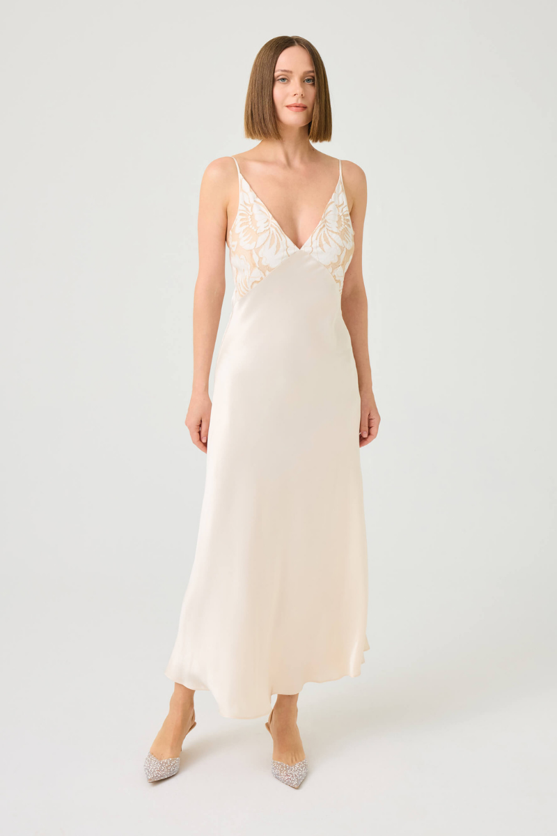 Bocan Couture ELA long cupro nightgown with beige lace trim, flowing fabric and elegant design for comfortable sleepwear.