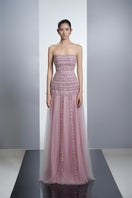 Dusty pink embellished hooded mesh gown by Happy Clothing featuring intricate details and flowing fabric.