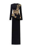 Tracy Studio long sleeve round neck straight gown with elegant design, shown in a full-length view on a neutral background.
