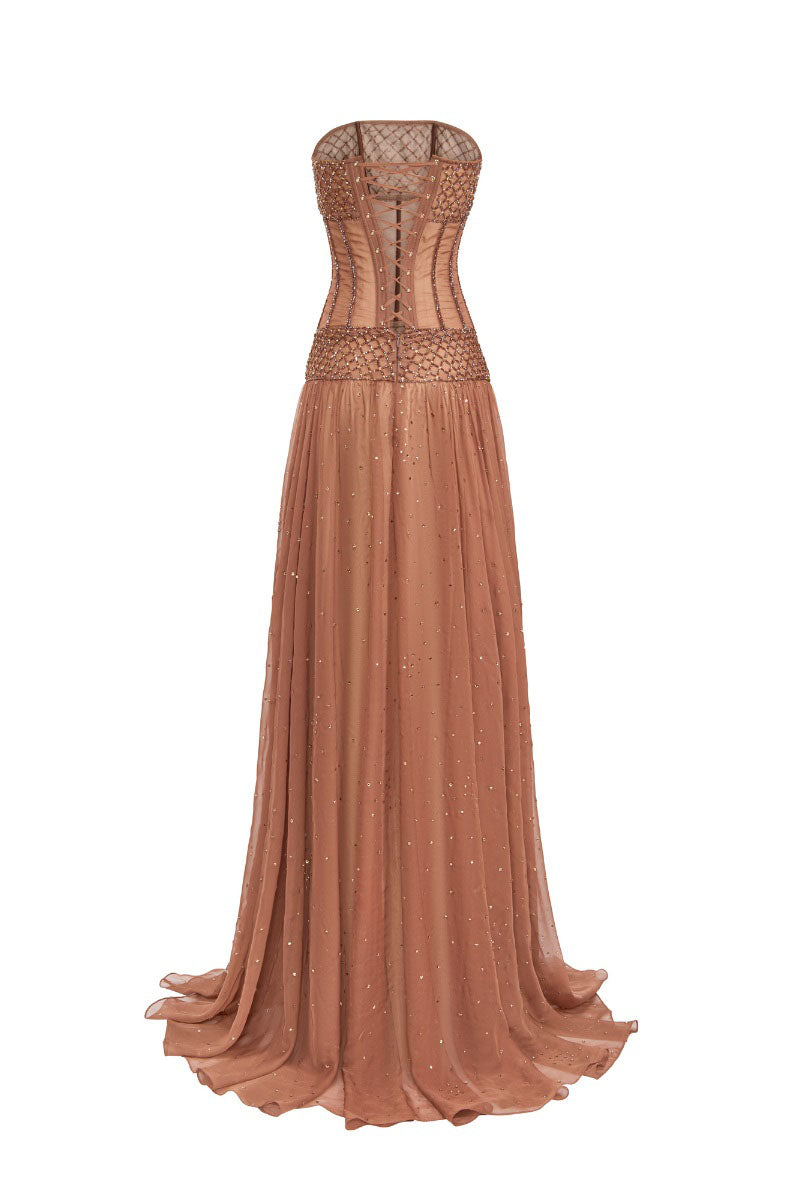 BROWN STRAPLESS CHIFFON MAXI DRESS | CULT MIA | CEM BROWN STRAPLESS CHIFFON MAXI DRESS | CULT MIA | CEM