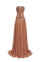 Brown strapless chiffon maxi dress by CEM, flowing fabric with a fitted bodice and elegant, floor-length design.