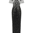 HACCHIC COUTURE Luna Crystal Cape Gown in black and silver with intricate crystal embellishments and flowing fabric.
