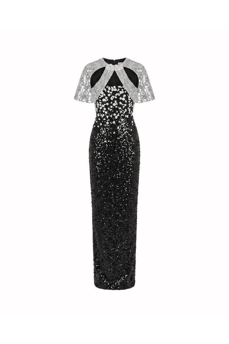 HACCHIC COUTURE Luna Crystal Cape Gown in black with silver embellishments, featuring a flowing maxi dress design.