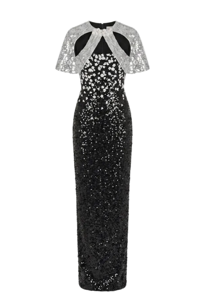 HACCHIC COUTURE Luna Crystal Cape Gown in black and silver with intricate crystal embellishments and flowing fabric.
