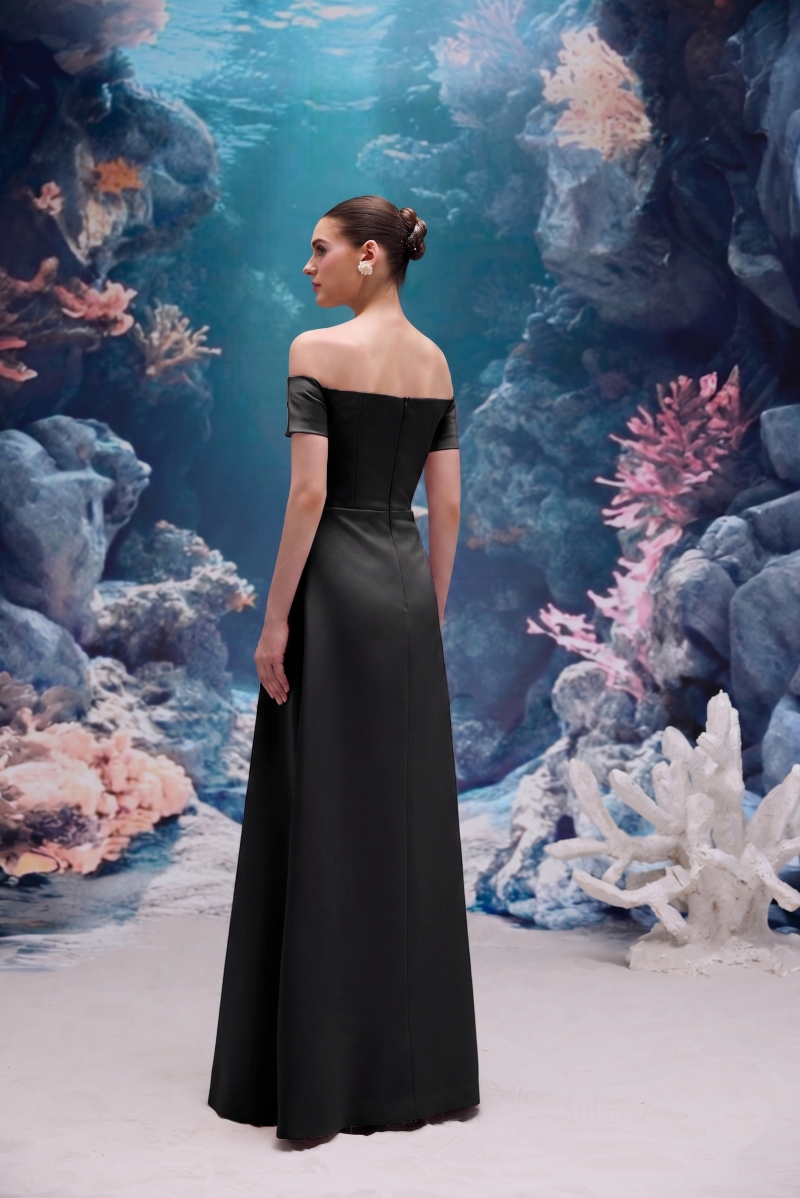 Black Verona silk taffeta gown by 21Six, featuring a sleek, elegant design with flowing fabric and a sophisticated silhouette.