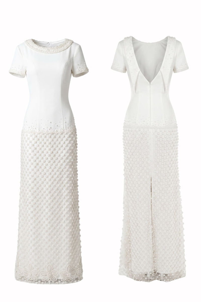 HACCHIC COUTURE Camellia Pearl Column Gown in ivory, elegant maxi dress with pearl embellishments, flowing silhouette, and sophisticated design.