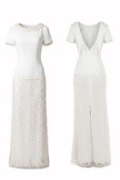 Ivory Camellia Pearl Column Gown by HACCHIC COUTURE featuring elegant pearl embellishments and a sleek, fitted silhouette.