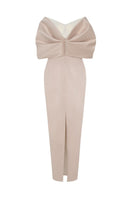 Beige off-shoulder pencil gown by HACCHIC COUTURE, featuring a fitted silhouette and elegant off-shoulder design.