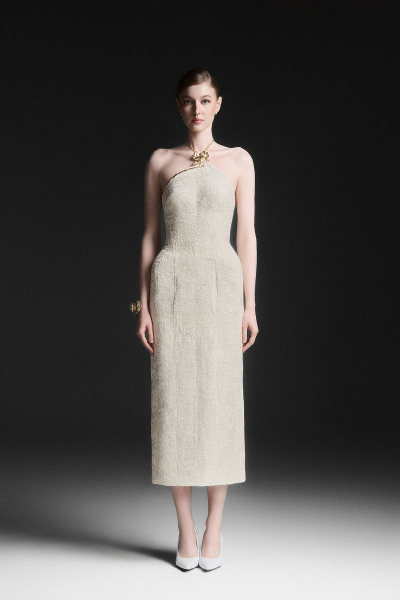 cream fitted midi dress HATCH Collection The Odette Ribbed Midi Dress in Ivory