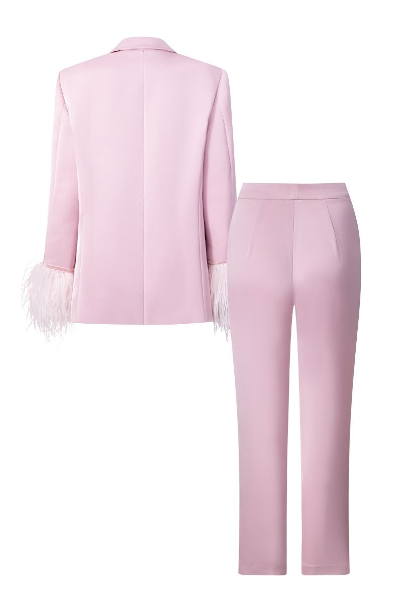 Baby pink Kelly Taffeta feather suit co-ord set by 21Six, includes jacket and pants with feather detailing, perfect for special occasions.