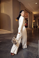 White silk satin Farah co-ords set featuring crystal embellishments, includes shirt and matching pants by 21Six.