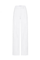White double-pleated wide-leg pants by AWAVE displayed on a model, showcasing the flowy, relaxed fit and stylish design.