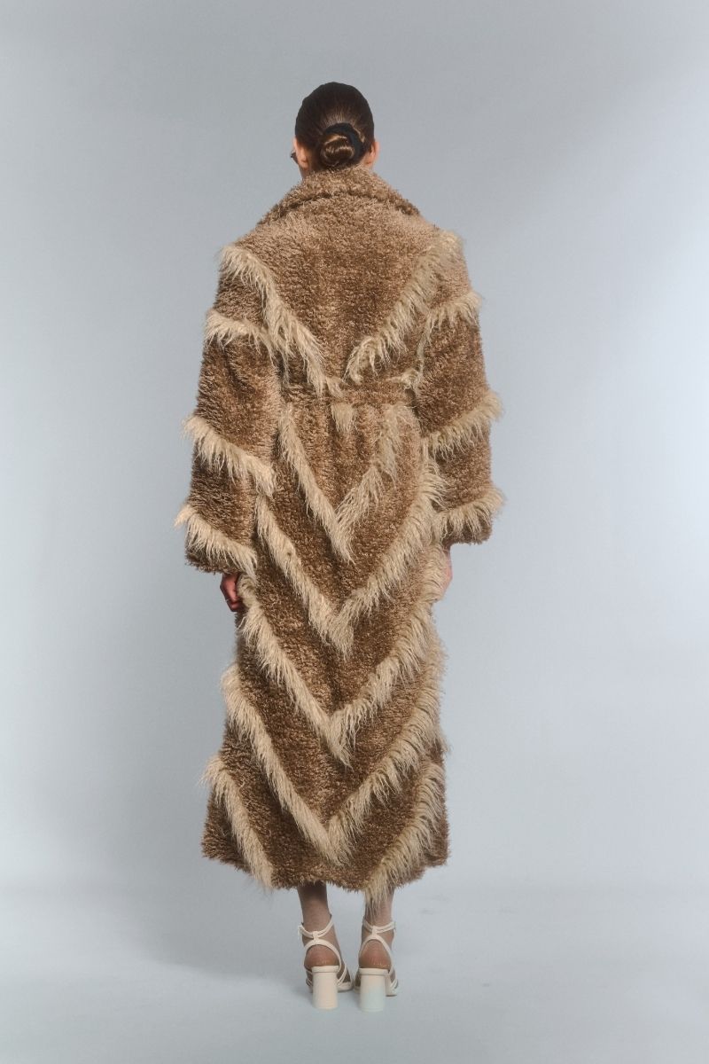 FAUX FUR MAXI COAT WITH DIAGONAL PANELS IN BEIGE - CULT MIA