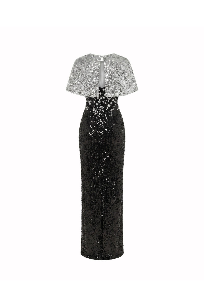 HACCHIC COUTURE Luna Crystal Cape Gown in black and silver, elegant maxi dress with shimmering embellishments and flowing fabric.