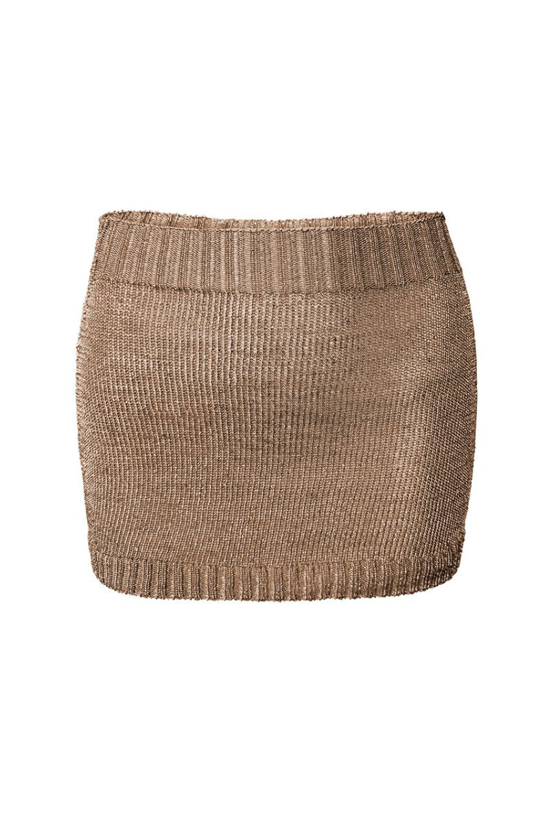 Rose gold sparkly knit mini skirt by Natalia Fedner, featuring shimmering fabric and a fitted, stylish silhouette.