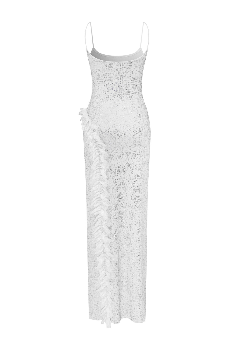 White Sudi Etuz maxi dress with rhinestones and lace ruffle details, elegant full-length evening dress.