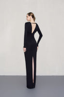 CEM deep V-neckline gown with gathered shoulders, elegant evening dress in flowing fabric, perfect for formal occasions.