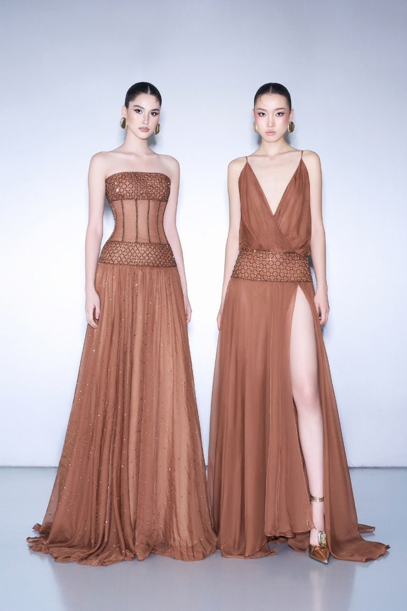 فستان ماكسي بني اللون من الشيفون ذو طبقتين