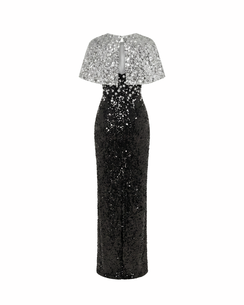 Black HACCHIC COUTURE Luna floral sequin gown, a maxi dress with intricate floral sequin embellishments.