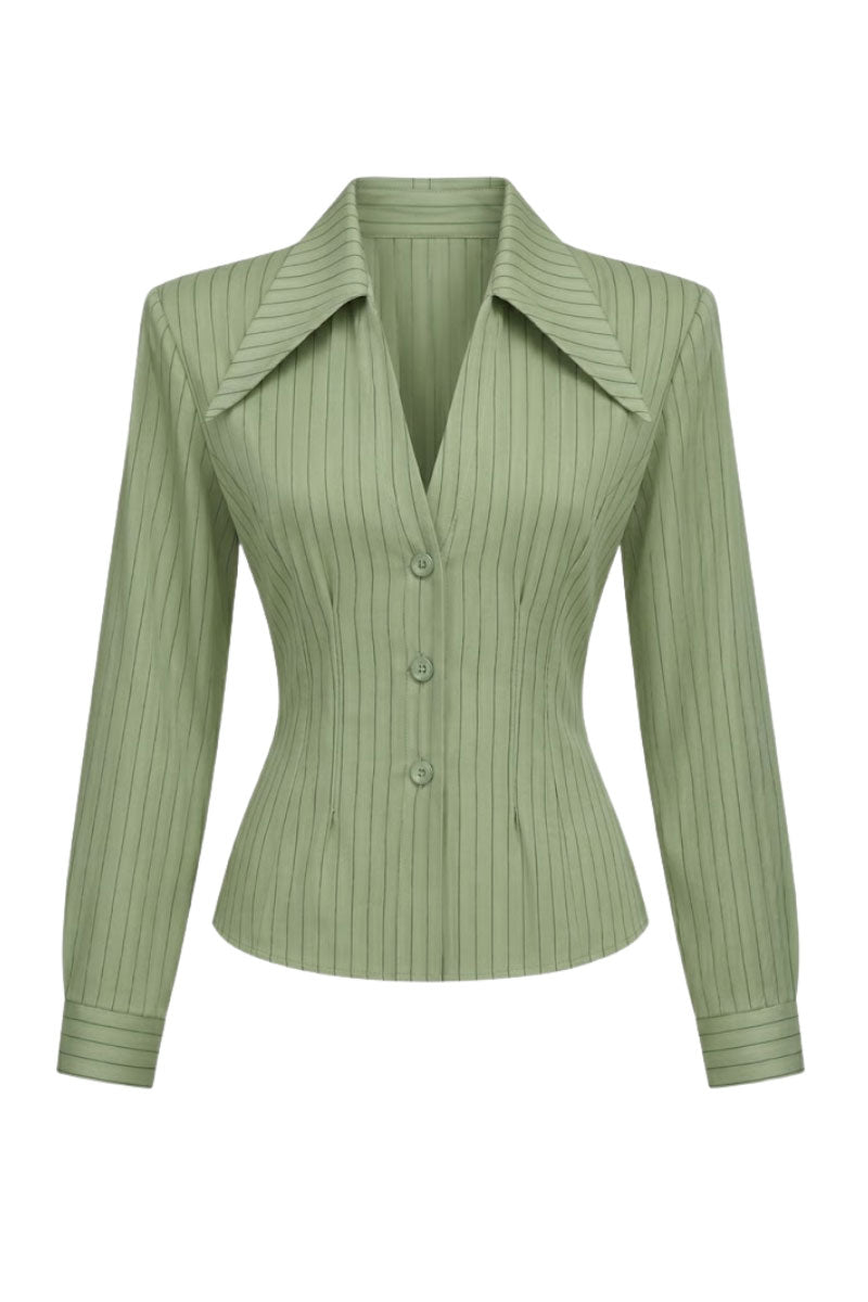 Keira Tong tailored cinched shirt displayed on a hanger, featuring a fitted design with a cinched waist and long sleeves.