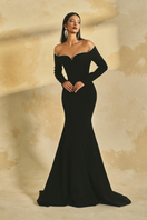 L'SCARLETT long-sleeve poly crepe off-shoulder mermaid gown with fitted silhouette and elegant design.
