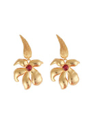 Gold Fiona Fire earrings by ANATINA featuring fiery-red gemstone accents and elegant dangle design.