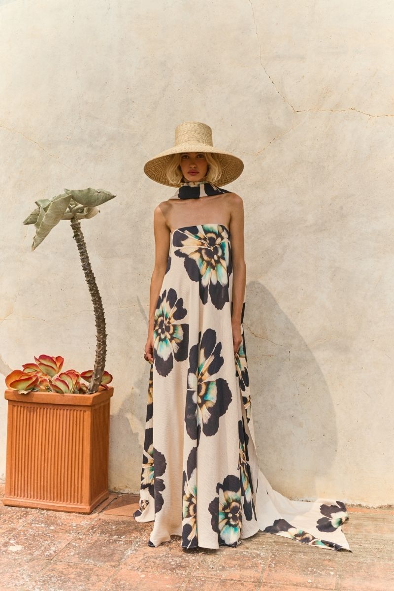 Sisters Lucy scarf in sandstone beige with a flowing maxi dress, featuring soft fabric and elegant drape.