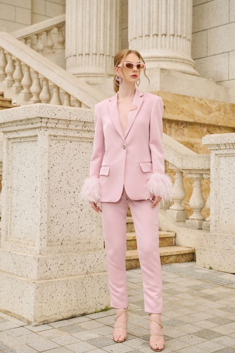 BABY PINK KELLY TAFFETA FEATHER SUIT JACKET AND PANTS SET - CULT MIA