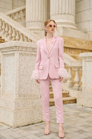 Baby pink Kelly taffeta feather suit co-ords by 21Six, featuring a stylish jacket and matching pants set with feather details.