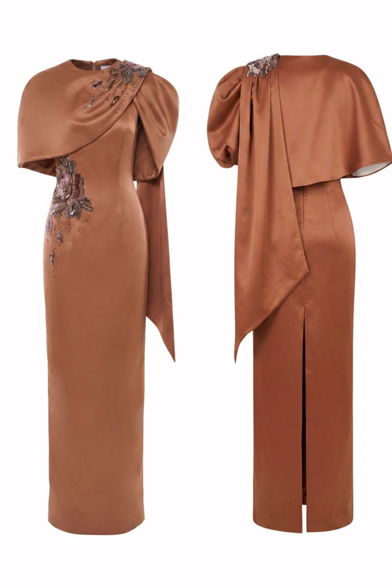 HACCHIC COUTURE Aurora drape cape gown in blush nude, featuring a flowing maxi dress with elegant draped fabric and sophisticated design.