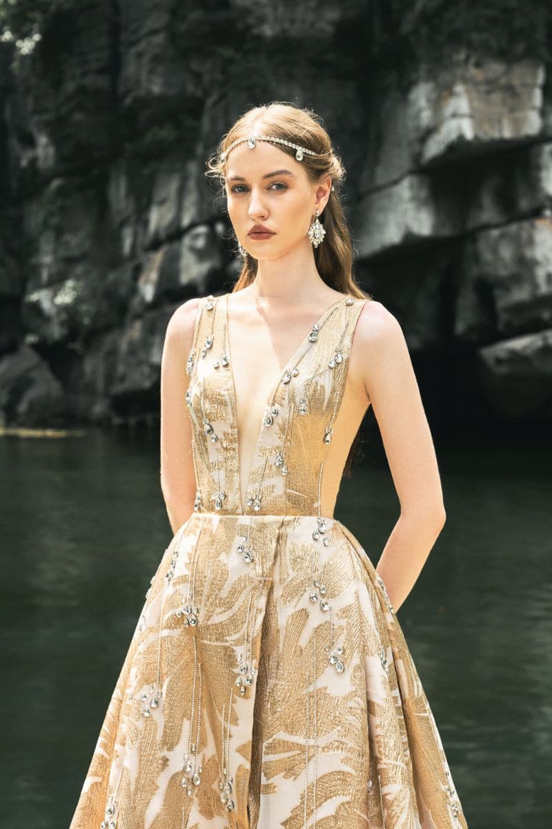 GOLDEN SLEEVELESS DEEP V-NECK GOWN - CULT MIA