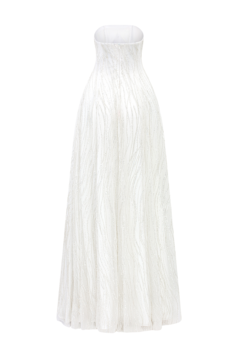 STRAPLESS WAVY CRYSTAL EMBELLISHED DRESS - CULT MIA