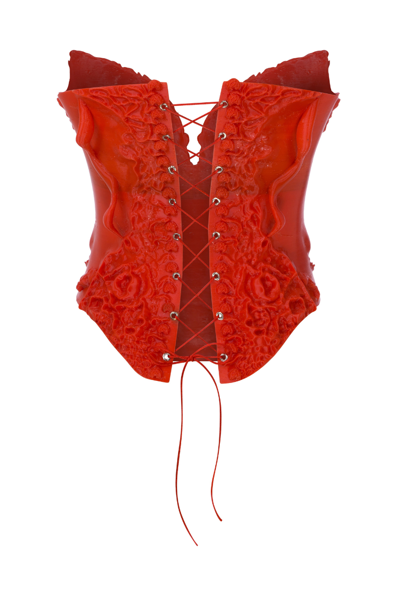Sudi Etuz 3D print corset top featuring intricate 3D textured design and fitted style, displayed on a mannequin.