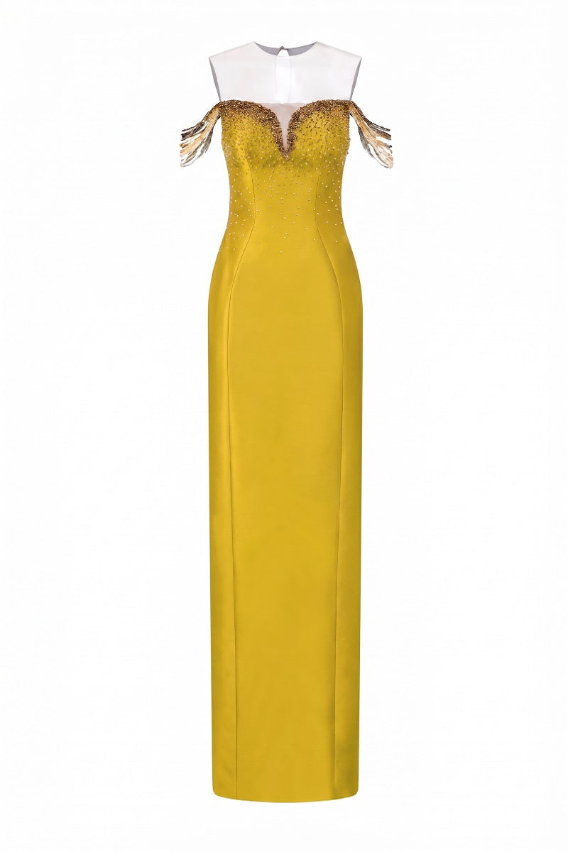 Yellow CELESTE Royal Taffeta gown by 21Six featuring elegant design and flowing fabric, perfect for formal occasions.