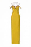 Yellow Celeste royal taffeta gown by 21Six featuring elegant fabric and a flowing silhouette.