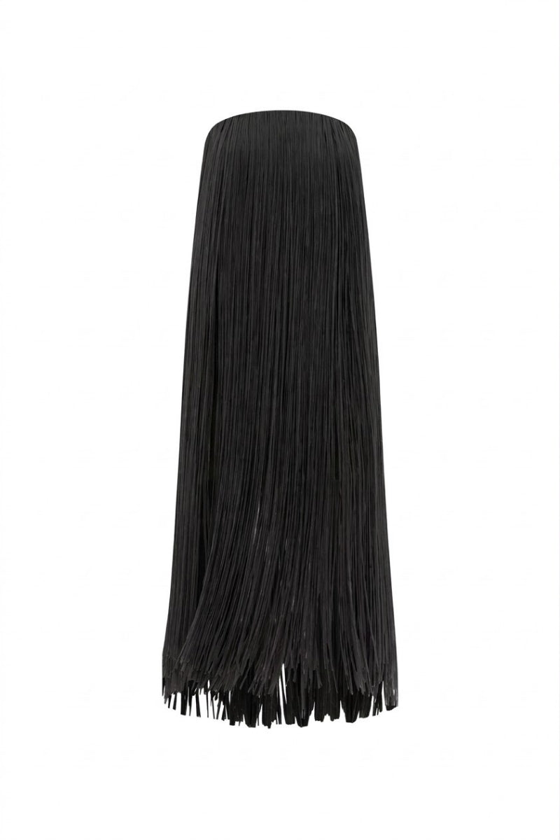 Black Valenciani all-over fringe midi dress featuring flowing fringe details and a sleek midi length, perfect for stylish occasions.