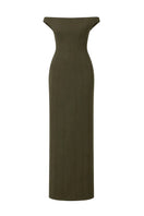 TONYY olive veil maxi dress displayed on a hanger, featuring flowing fabric and elegant design for warm-weather wear.