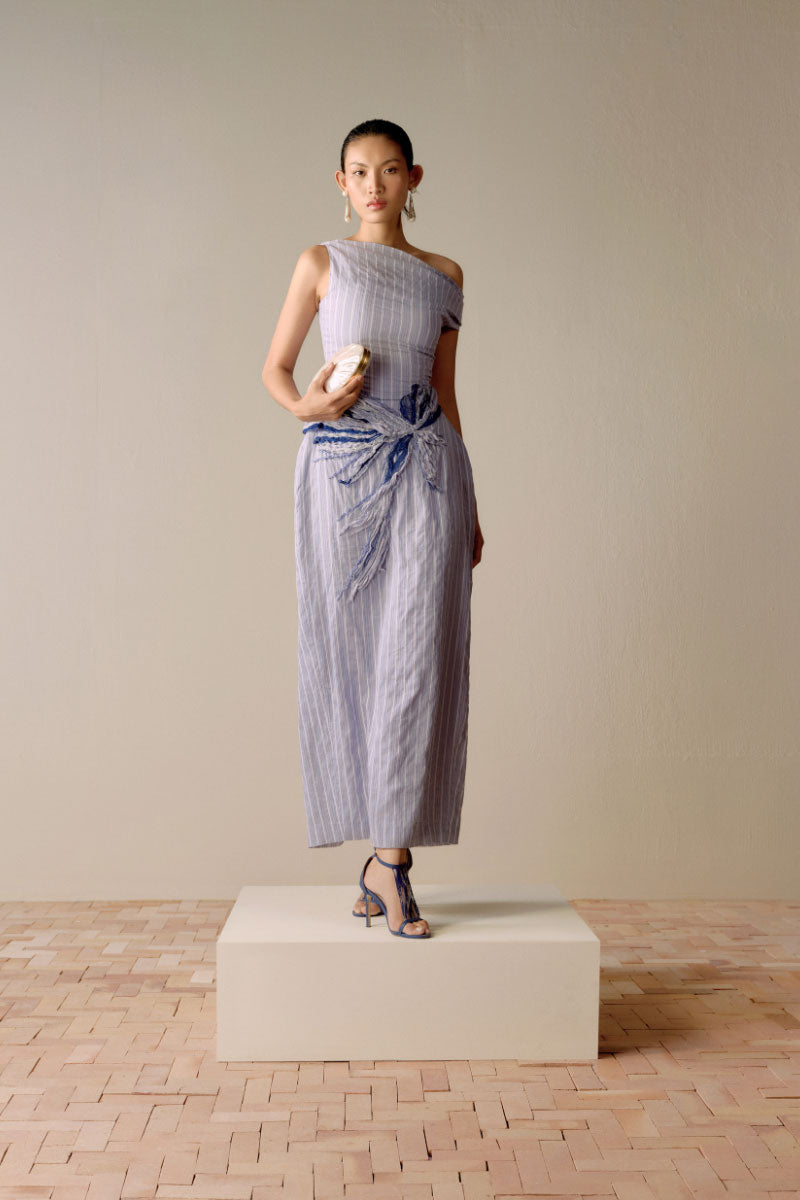 Blue Leicia embroidered pinstripe off-shoulder midi dress with a fitted waist and elegant design, showcased from the front view.
